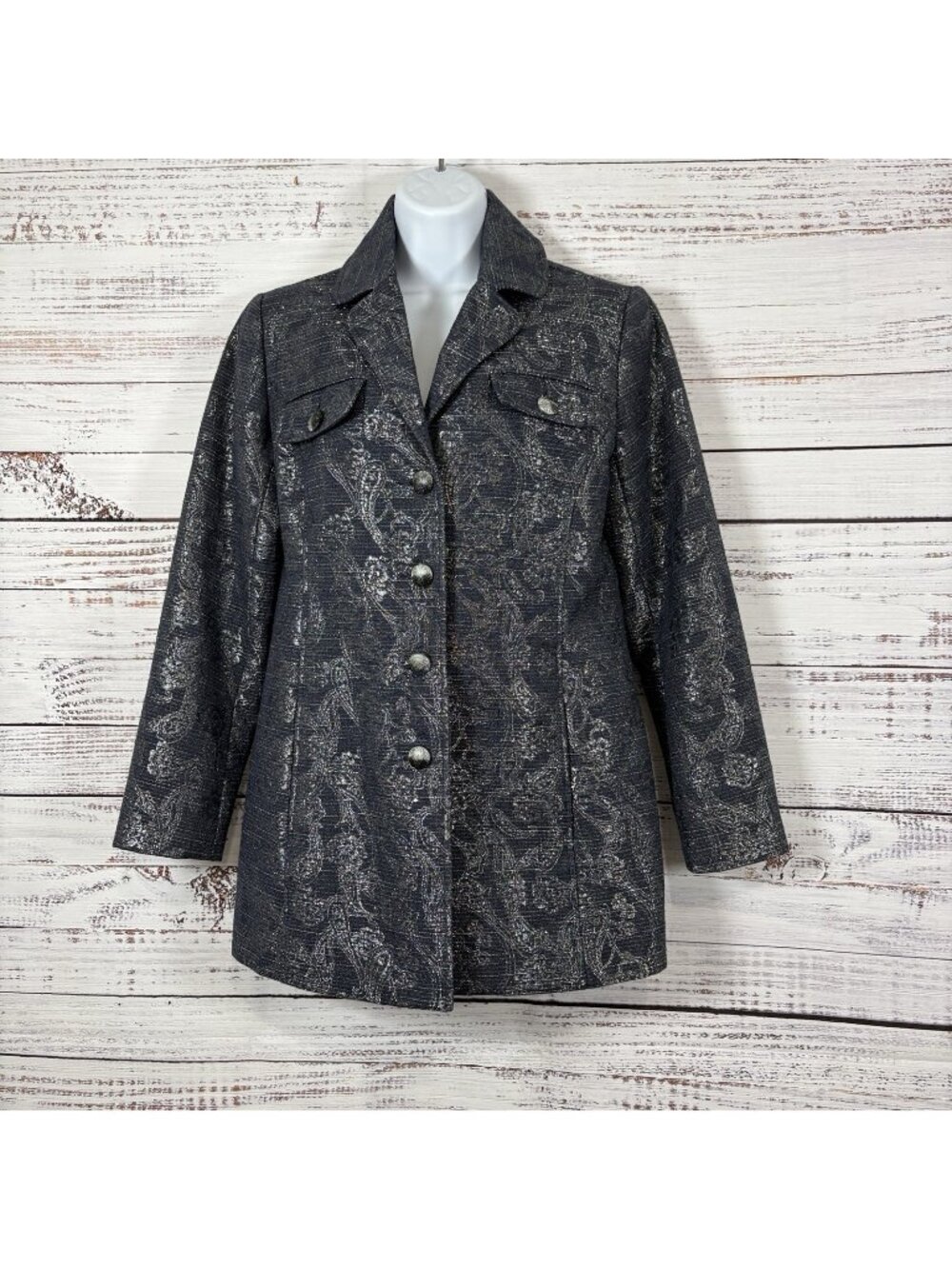 Chico’s Blue Silver Metallic Button Front Jacquard Paisley Jacket